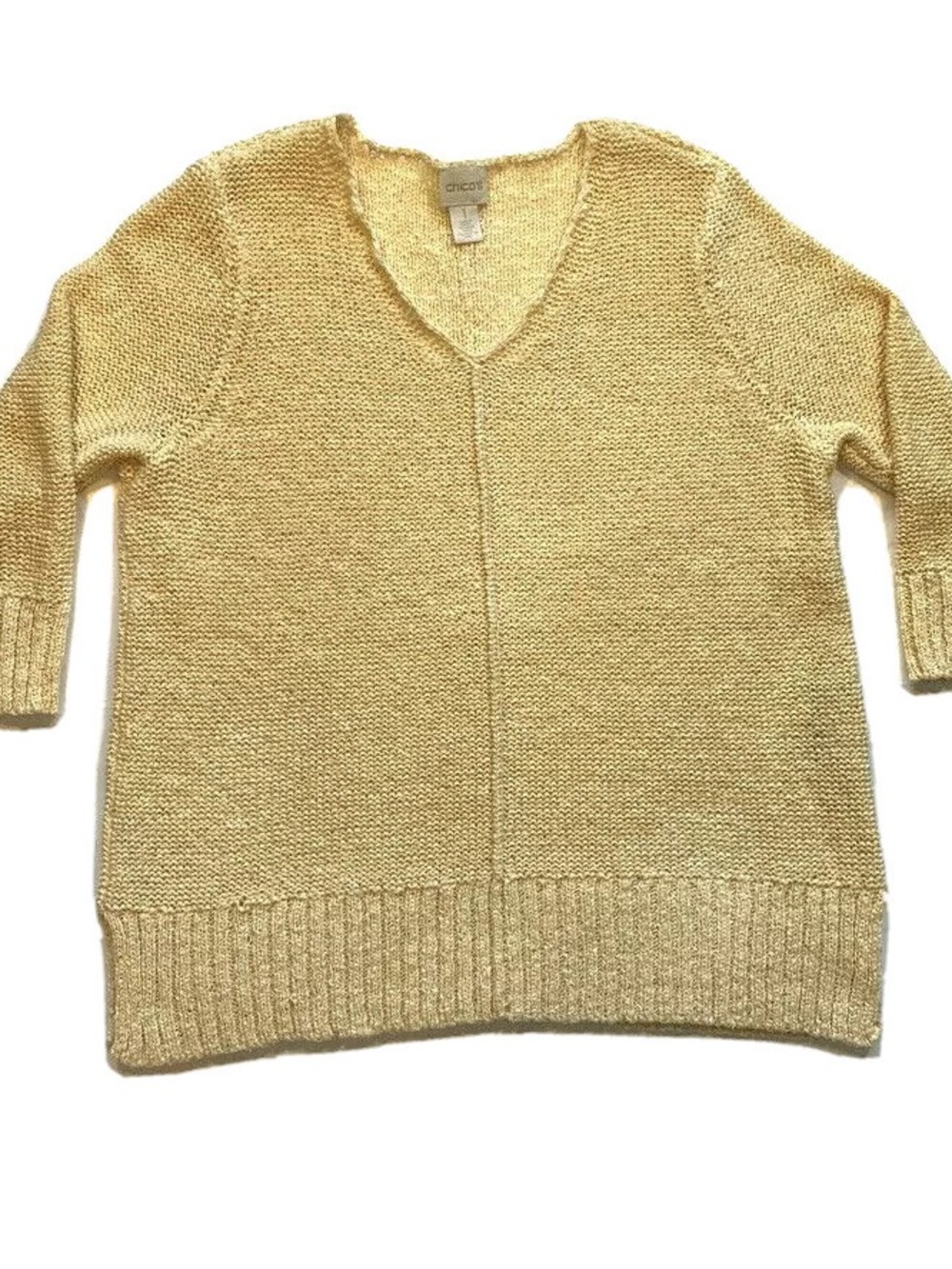 Chico's Chunky Open Knit Sweater Womens 1 V Neck Cotton Blend 3/4 Sleeve EUC